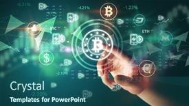  Presentation with touch screen - Presentation design with business-person-hand-pushing-currency background and a ocean colored foreground