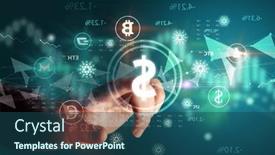  Presentation with touch screen - PPT theme having business-person-hand-pushing-currency background and a ocean colored foreground