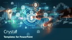  Presentation with touch screen - Presentation theme featuring business-person-hand-pushing-currency background and a ocean colored foreground