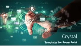  Presentation with touch screen - Presentation theme having business-person-hand-pushing-currency background and a ocean colored foreground