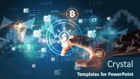  Presentation with touch screen - PPT layouts having business-person-hand-pushing-currency background and a ocean colored foreground