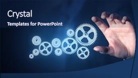  Presentation with gear - PPT theme featuring business person hand touching gear background and a navy blue colored foreground