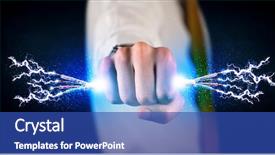  Presentation with electrical energy electric power lines - Cool new PPT theme with lightening thunder - business person holding electrical powered backdrop and a ocean colored foreground