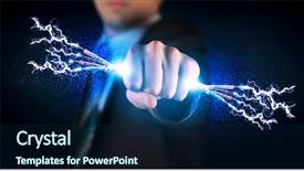 Presentation with electrical energy electric power lines - Beautiful presentation theme featuring business person holding electrical powered backdrop and a navy blue colored foreground