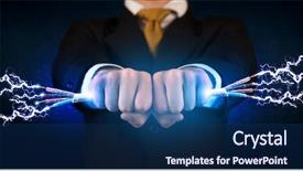  Presentation with electrical energy electric power lines - Slide deck featuring business person holding electrical powered background and a navy blue colored foreground