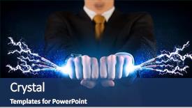  Presentation with wires - Colorful slide deck enhanced with business person holding electrical powered wires concept on background backdrop and a ocean colored foreground