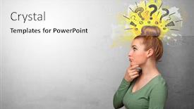  Presentation with question marks - Audience pleasing PPT theme consisting of business person looking for new idea with question marks backdrop and a white colored foreground