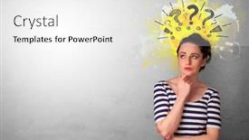  Presentation with question marks - Beautiful PPT theme featuring business person looking for new idea with question marks backdrop and a white colored foreground