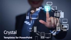  Presentation with touch screen - Slide set enhanced with business person pushing symbols background and a navy blue colored foreground