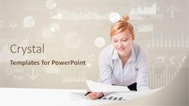  Presentation with business change - Presentation design enhanced with business person sitting at desk with financial change and report diagram concept background and a lemonade colored foreground