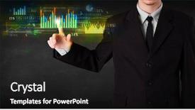  Presentation with spreadsheet data and business charts - PPT theme enhanced with business person touching colorful charts background and a dark gray colored foreground
