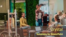  Presentation with virtual reality meeting - Presentation theme having business-persons-with-a-disability background and a tawny brown colored foreground