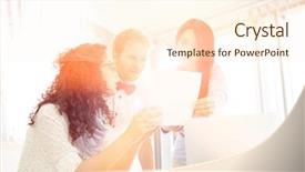  Presentation with creative production - Presentation theme having business photographs - businesspeople discussing over photograph background and a cream colored foreground