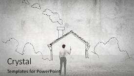  Presentation with wall - Cool new slide deck with business plan real estate - businessman drawing on the wall backdrop and a light gray colored foreground