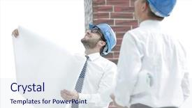  Presentation with building construction - Presentation design featuring business plan webside builder - architect and the foreman background and a  colored foreground