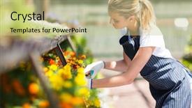  Presentation with nursery newborn child mom nursing - Beautiful presentation featuring business plant - young female florist working backdrop and a soft green colored foreground