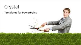  Presentation with green lawn - PPT theme enhanced with business plant - young handsome businessman cutting green background and a  colored foreground