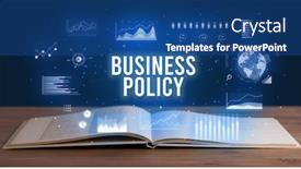  Presentation with business book - PPT theme featuring business policy inscription coming out from an open book creative business concept background and a ocean colored foreground