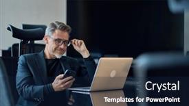  Presentation with office room - Slide deck featuring business-portrait-businessman-working background and a navy blue colored foreground