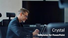  Presentation with office room - PPT theme having business-portrait-businessman-working background and a navy blue colored foreground