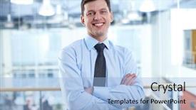  Presentation with camera - Audience pleasing PPT layouts consisting of business portraits - portrait of happy businessman looking backdrop and a light blue colored foreground