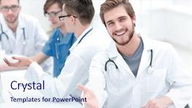  Presentation with friendly - Audience pleasing presentation theme consisting of business practitioner - friendly doctor making a welcome backdrop and a sky blue colored foreground