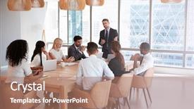  Presentation with board meeting - Cool new slides with business presentation - businessman stands to address meeting backdrop and a coral colored foreground