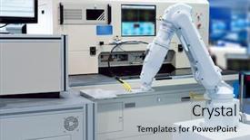  Presentation with industrial machine - Presentation design having business process - robotic hand machine tool background and a light blue colored foreground