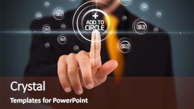  Presentation with social - PPT layouts with business profile - businessman pressing modern social buttons background and a tawny brown colored foreground