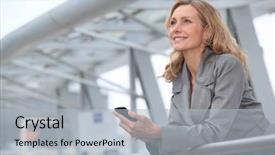  Presentation with business profile - Theme featuring business profile - businesswoman with mobile phone background and a light gray colored foreground