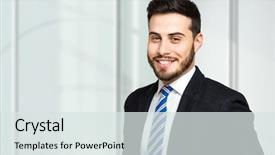  Presentation with hr manager - Slide deck enhanced with business profile - handsome manager portrait background and a sky blue colored foreground