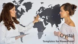  Presentation with world map - Beautiful presentation theme featuring business profile africa - two young businesswomen talk backdrop and a  colored foreground