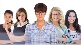  Presentation with business profile - Colorful PPT theme enhanced with business profile frames - composite image of pretty woman backdrop and a light blue colored foreground