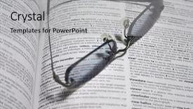  Presentation with dictionary - Colorful PPT layouts enhanced with business profile frames - glasses resting on a dictionary backdrop and a  colored foreground