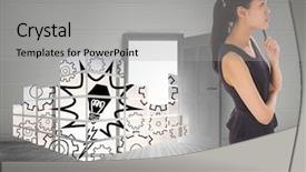  Presentation with open door - Beautiful slide set featuring business profile frames - thoughtful businesswoman against open door backdrop and a light gray colored foreground