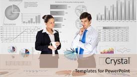  Presentation with market data - Theme enhanced with business project report - businessman and businesswoman analyzing data background and a soft green colored foreground