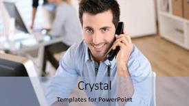  Presentation with talking on phone - Amazing slide deck having business prospect - smiling office worker talking backdrop and a  colored foreground