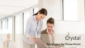  Presentation with business office desk - PPT theme enhanced with business quarter report - businesswoman and businessman reviewing file background and a lemonade colored foreground