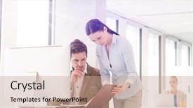  Presentation with business report - Cool new theme with business quarter report - businesswoman and businessman reviewing file backdrop and a coral colored foreground