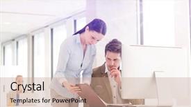  Presentation with business office desk - Presentation theme enhanced with business quarter report - businesswoman and businessman reviewing file background and a coral colored foreground