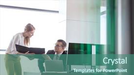  Presentation with detective case file typed - Amazing theme having business quarter report - businesswoman showing file to businessman backdrop and a ocean colored foreground