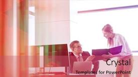  Presentation with desk - Colorful presentation design enhanced with business quarter report - businesswoman showing file to businessman backdrop and a coral colored foreground