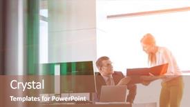  Presentation with desk - Audience pleasing presentation design consisting of business quarter report - businesswoman showing file to businessman backdrop and a coral colored foreground