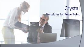  Presentation with desk - Audience pleasing theme consisting of business quarter report - young businesswoman showing file backdrop and a sky blue colored foreground