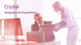  Presentation with file system - Presentation design featuring business quarter report - young businesswoman showing file background and a pink colored foreground