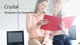  Presentation with reading - PPT layouts consisting of business quarter report - young businesswomen reading file while background and a light gray colored foreground