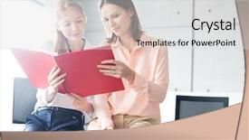  Presentation with detective case file typed - PPT theme featuring business quarter report - young businesswomen reading file while background and a light gray colored foreground