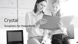  Presentation with business report - Cool new presentation theme with business quarter report - young businesswomen reading file while backdrop and a  colored foreground