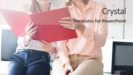  Presentation with reading - Colorful PPT theme enhanced with business quarter report - young businesswomen reading file while backdrop and a lemonade colored foreground