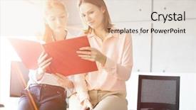  Presentation with reading - Audience pleasing slide deck consisting of business quarter report - young businesswomen reading file while backdrop and a  colored foreground